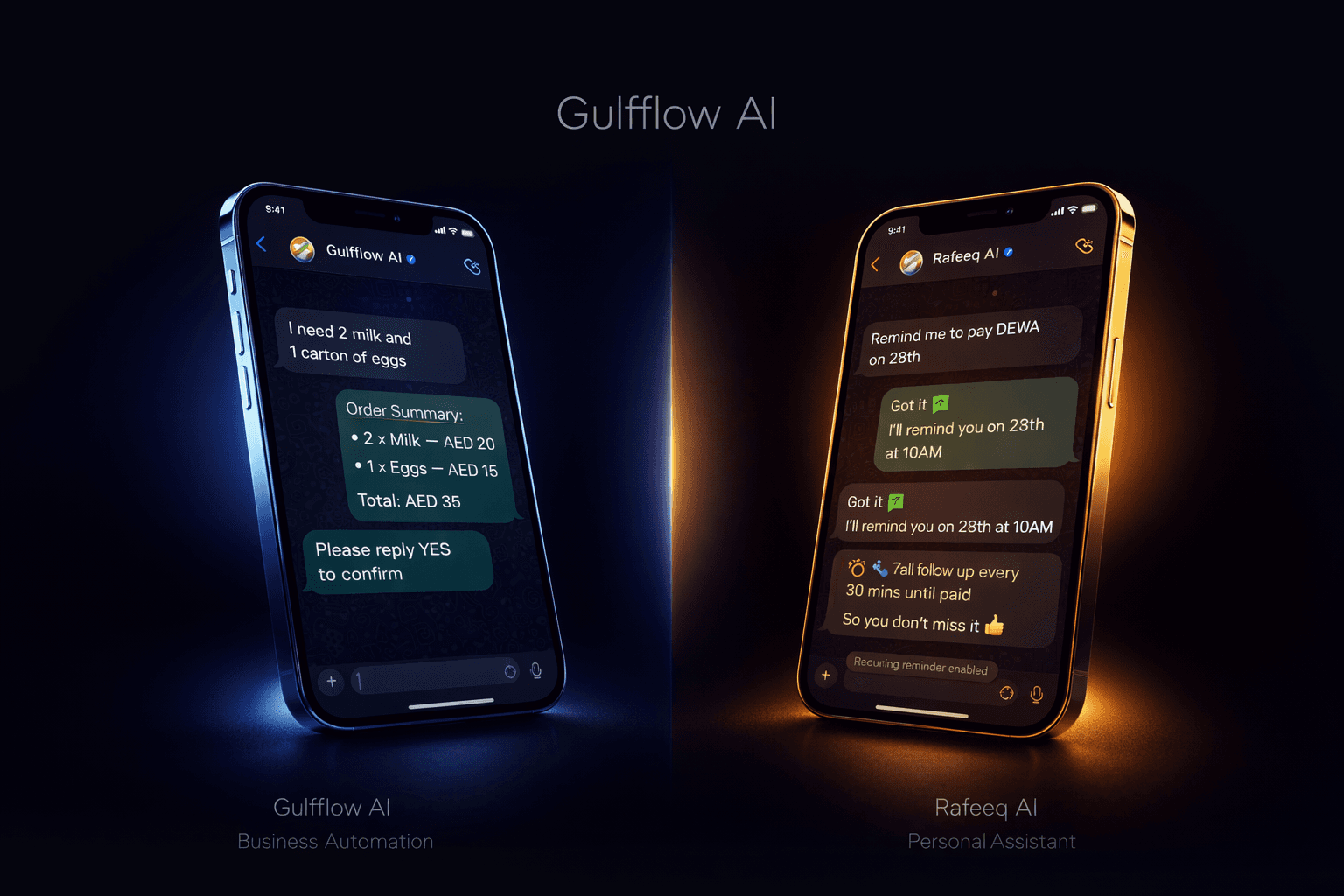 Gulfflow AI premium hero image – split screen showing Gulfflow AI business automation and Rafeeq AI personal assistant on two cinematic floating smartphones