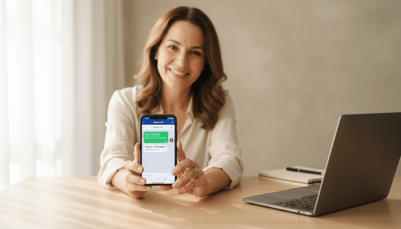 Business owner checking automated lead messages on their phone with a satisfied expression