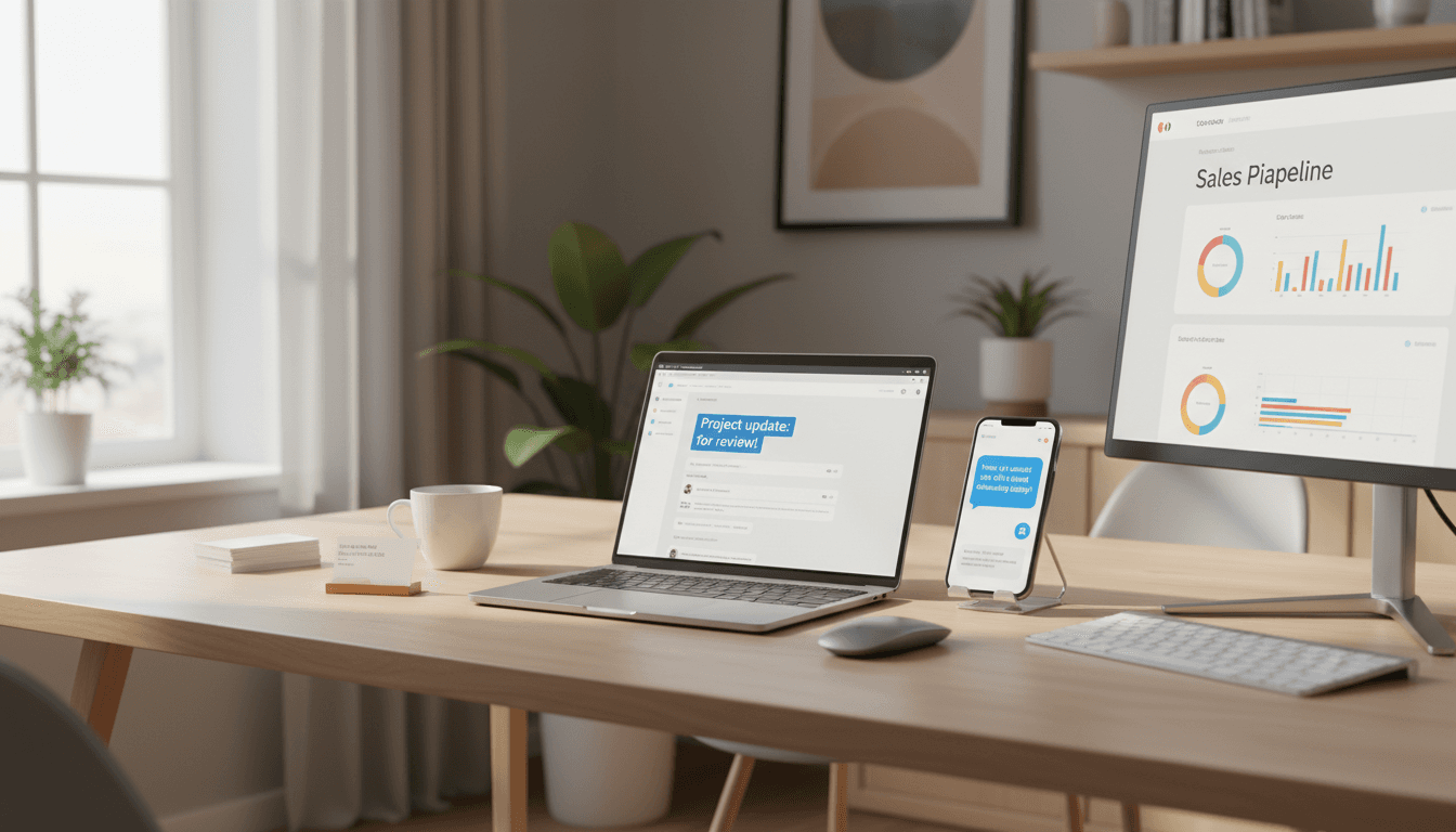 Business owner using WhatsApp automation and AI chatbot tools on laptop and smartphone at modern workspace