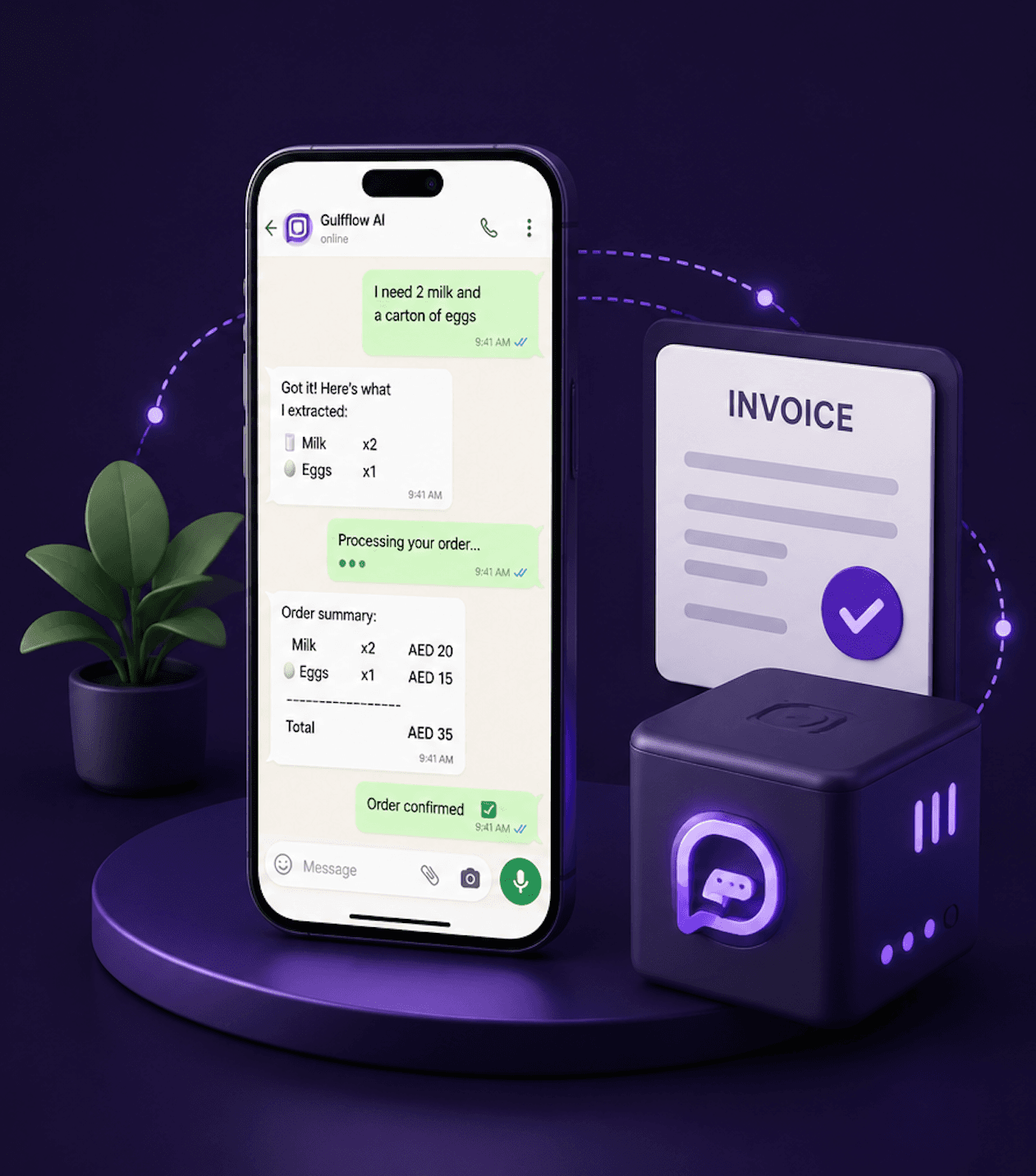 Smartphone displaying an AI chat interface for grocery ordering beside a 3D invoice icon.