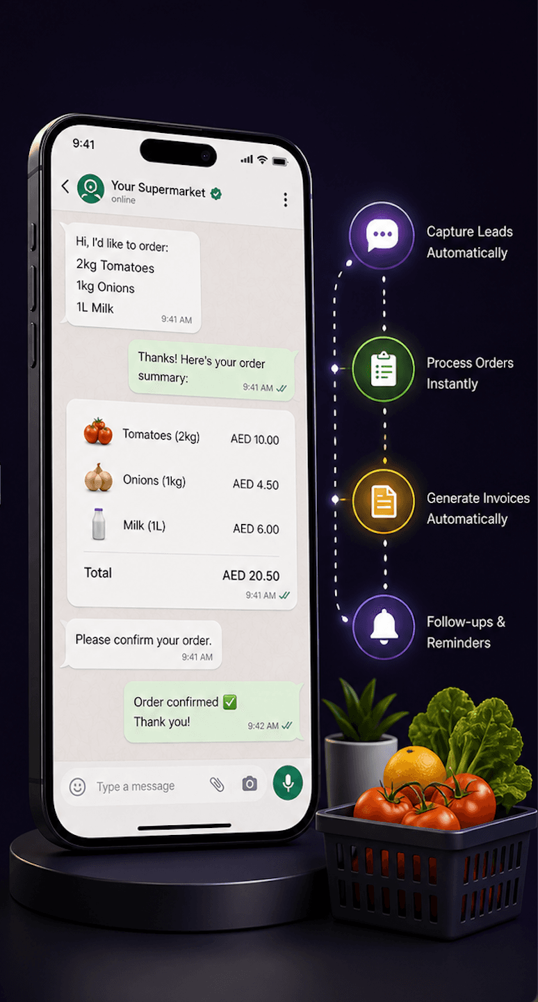 Smartphone displaying automated grocery ordering chat interface with business feature icons and fresh produce.
